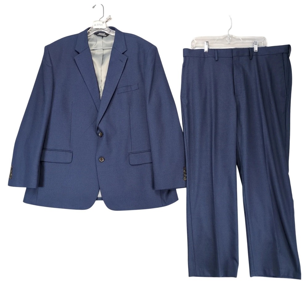 J.M. Haggar Navy Textured 2pc Suit Mens 50R Jacket 38x29 Pants Stretch Career